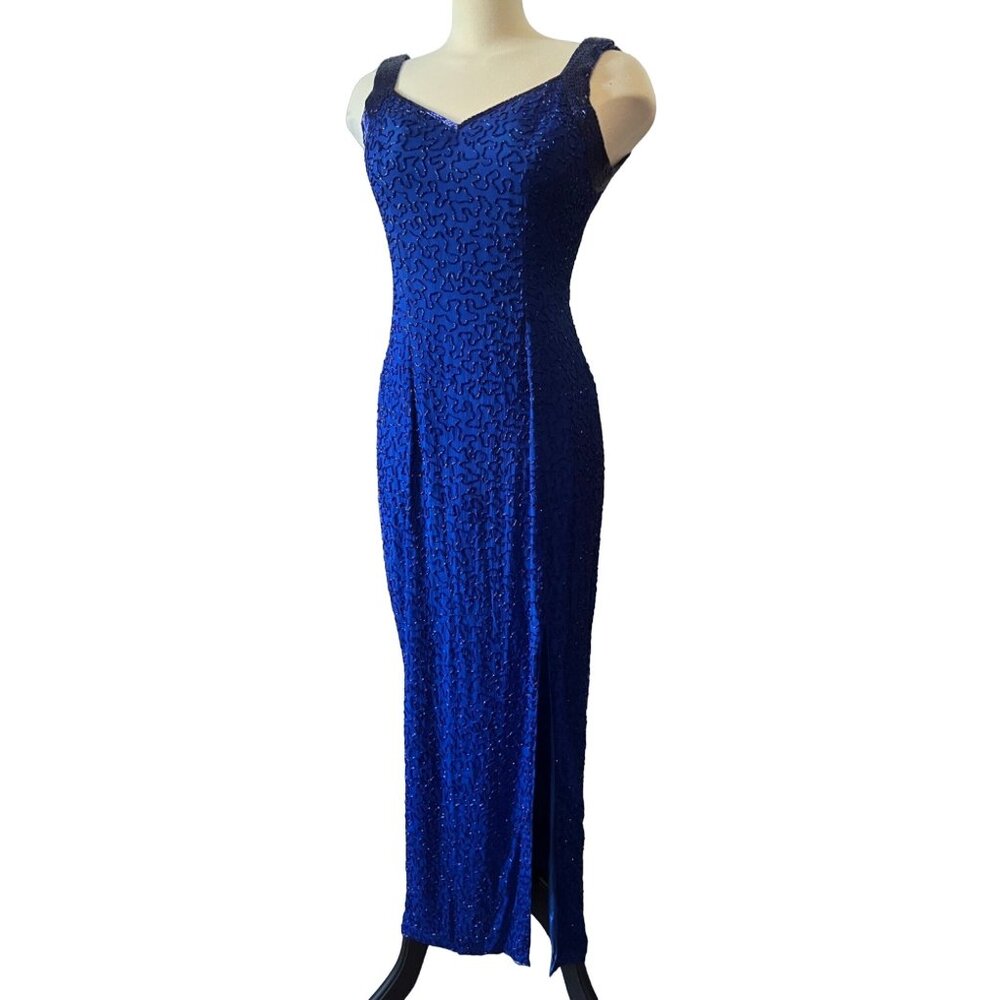Vintage Andretta Donatello Silk Prom Dress Size Large Womens Beaded Blue Shimmer